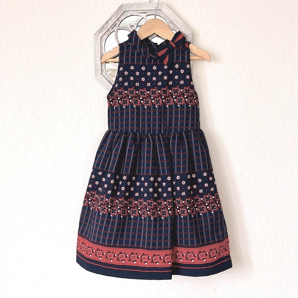 Janie and Jack • Girls Navy Plaid Floral Bow Sleeveless Dress